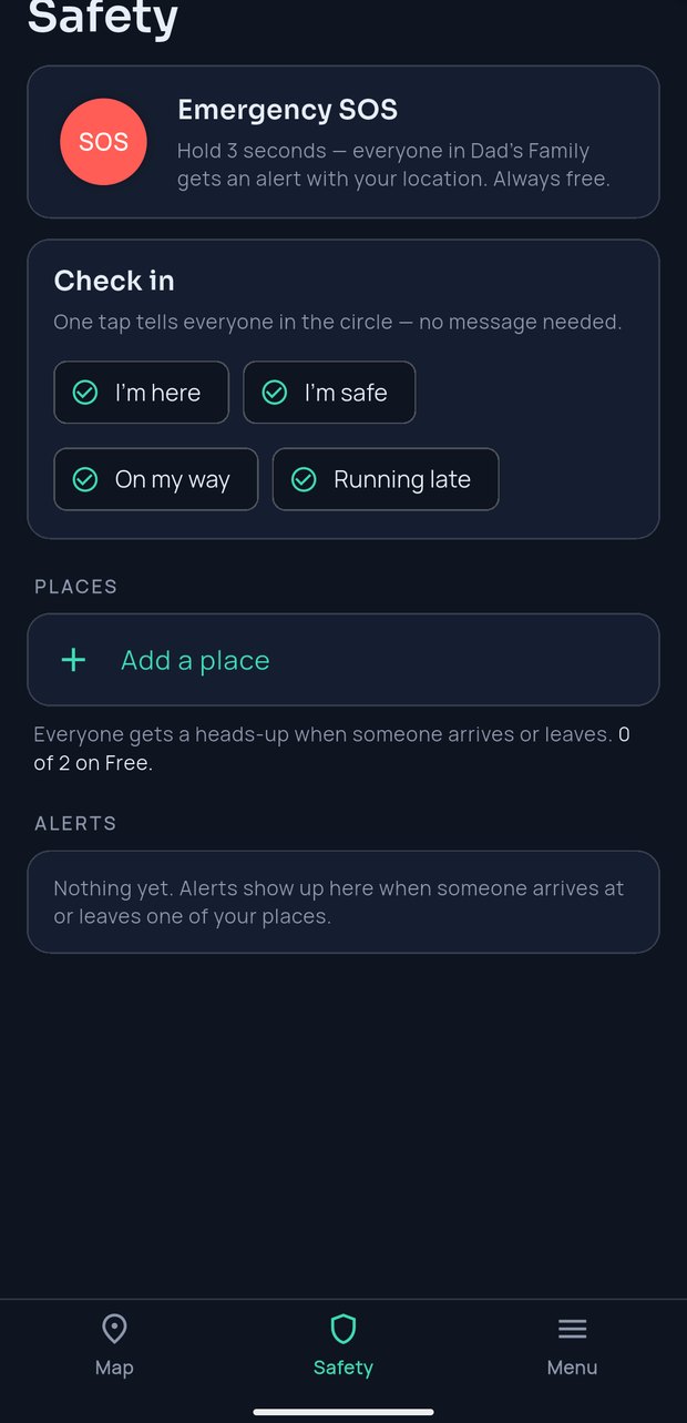 FamilySeen Safety tab — one-tap Check-in: I'm here, I'm safe, On my way, Running late